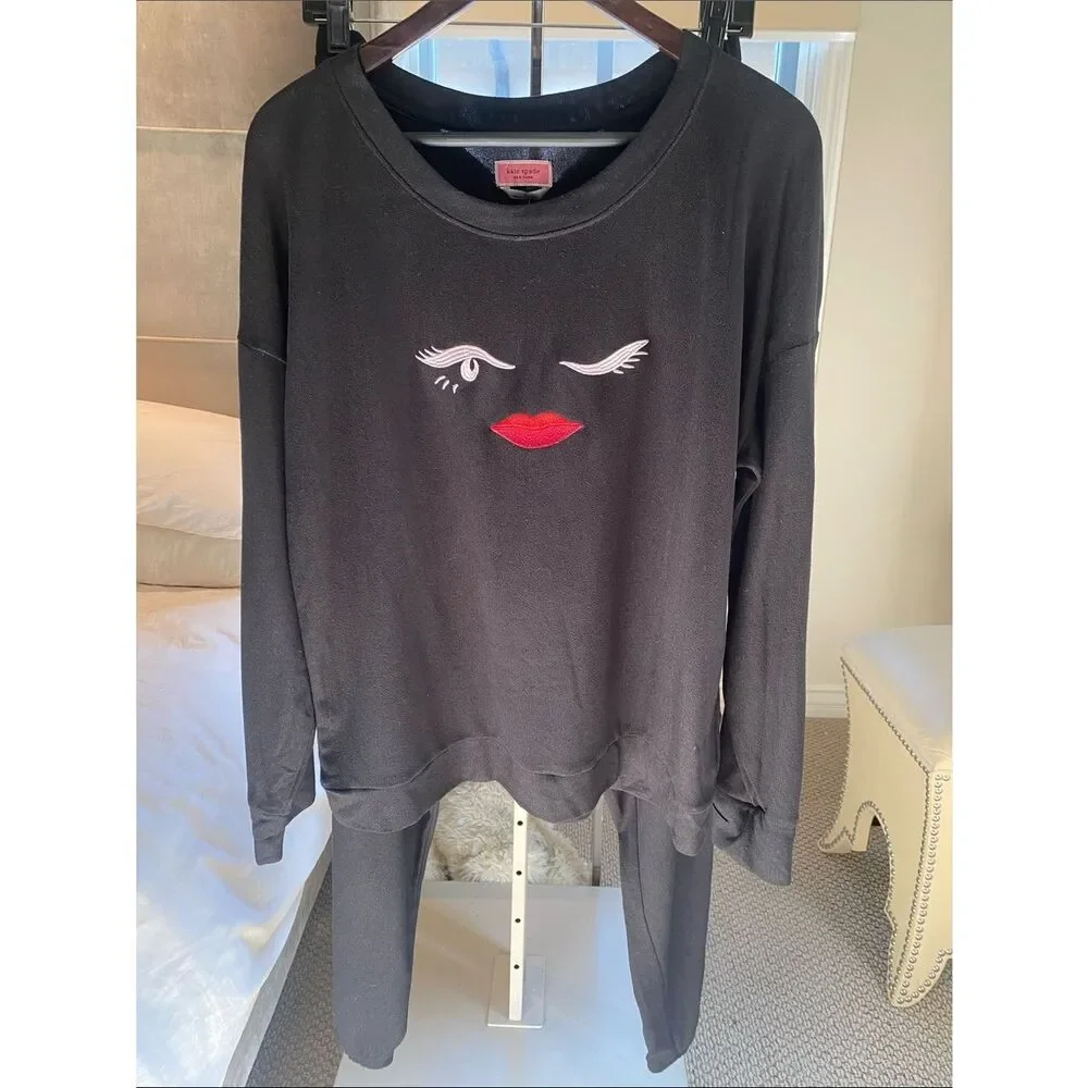 kate spade Black Sweatshirt with Embroidered Wink Face and Red Lips and pant.